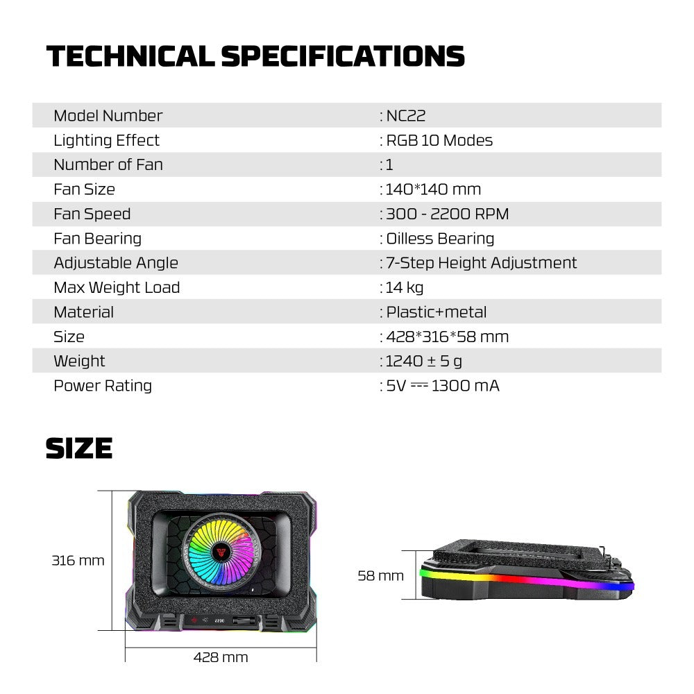 Fantech, Nc22 Premium Laptop Cooling Pad, Powerful Extra-Large Fan For Superior Cooling Performance, Vibrant Rgb Lighting