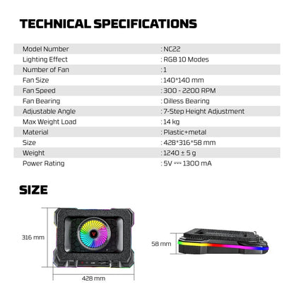 Fantech, Nc22 Premium Laptop Cooling Pad, Powerful Extra-Large Fan For Superior Cooling Performance, Vibrant Rgb Lighting
