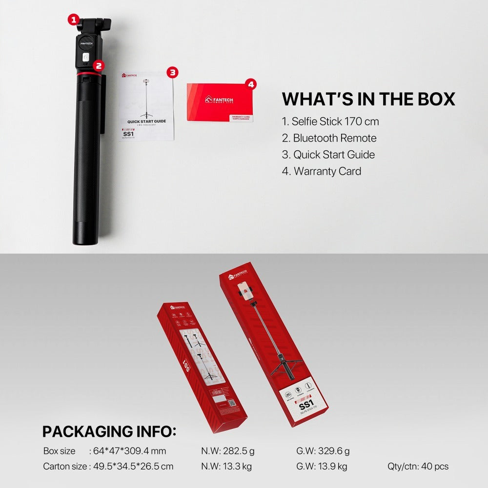 Fantech, Ss170 Selfie Stick ? Extends Up To 1.7M, Bluetooth Remote, 360? Rotation, Lightweight Design, And Stable Design