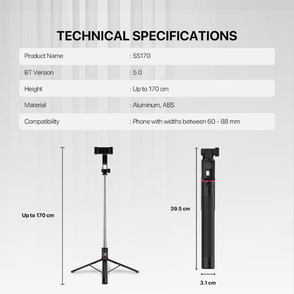 Fantech, Ss170 Selfie Stick ? Extends Up To 1.7M, Bluetooth Remote, 360? Rotation, Lightweight Design, And Stable Design