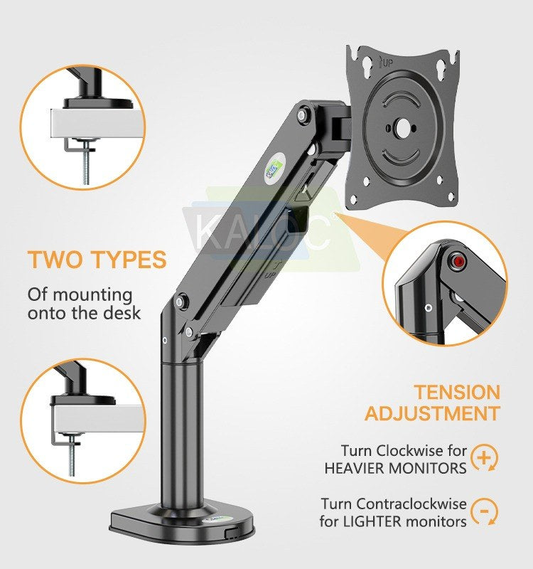 Kaloc, Ds300B Adjustable Single Monitor Arm With Internal Gas Spring Technology For Easy Adjustment, For Screens 17 To 32 Inches