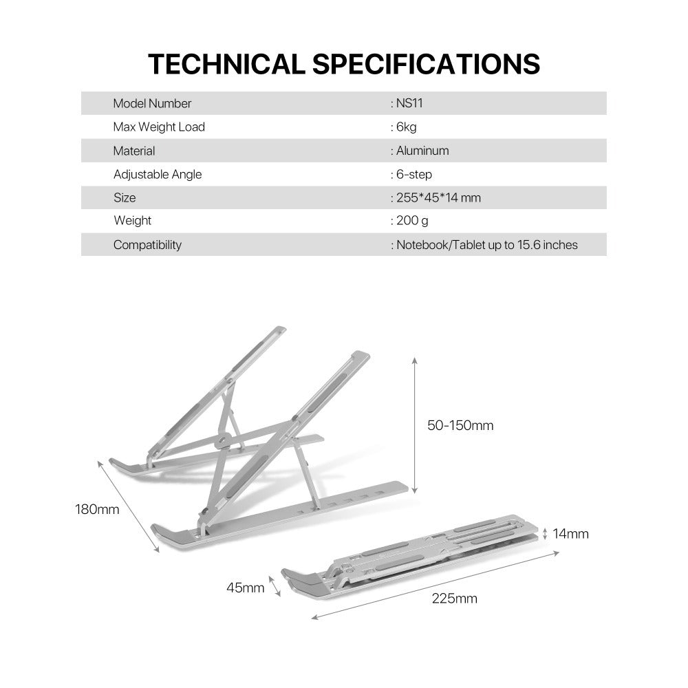 Fantech, Ns11 Portable Aluminum Laptop Stand ? Adjustable Height & Angle, Fits Up To 15.6' Laptops, Free Pouch Included