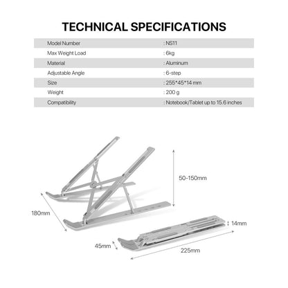 Fantech, Ns11 Portable Aluminum Laptop Stand ? Adjustable Height & Angle, Fits Up To 15.6' Laptops, Free Pouch Included