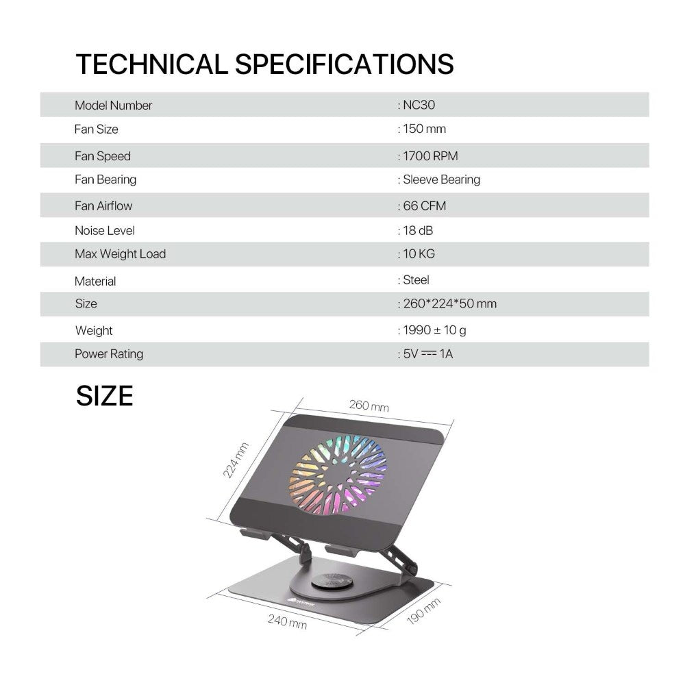 Fantech, Nc30 Laptop Cooling Stand With Detachable Rgb Fan ? Adjustable, 360? Swivel, Support Up To To 17.3' Laptops