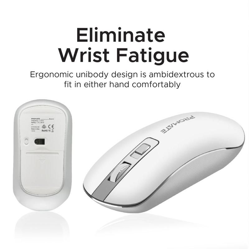 Promate, High Precision Ergonomic Slim Wireless Mouse, White