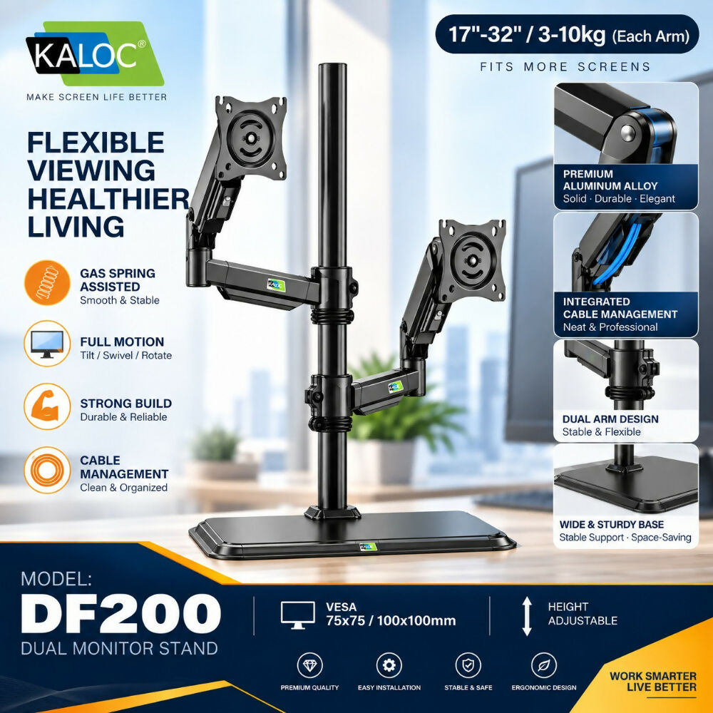 KALOC DF200 17–32" Dual Monitor Stand with Gas Spring Arm, Adjustable Heavy-Duty Desk Mount