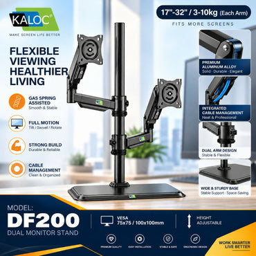 KALOC DF200 17–32" Dual Monitor Stand with Gas Spring Arm, Adjustable Heavy-Duty Desk Mount