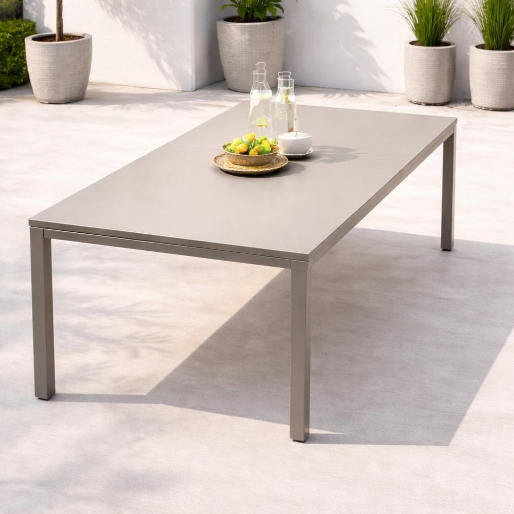 Outdoor Dining Table - Grey Powder-Coated Frame with Greige Glass Top (180x100 cm), T-011