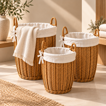 NATURA – 3-Piece Wicker Natural & Ivory Storage Basket Set | HK-T64