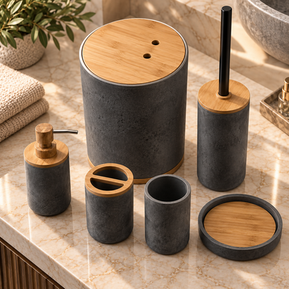 TERRA – 6-Piece Bathroom Charcoal Grey & Bamboo Accessories Set | YC-20