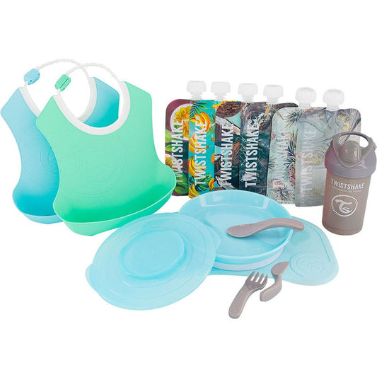 Twistshake, Tableware Bundle for Boys ( Blue/Green/Grey) promo pack. Click-Mat Mini + Plate, 6 x squeeze bags 220 mL, Crawler cup 300 mL, Learn Cutlery, 2 x Bib
