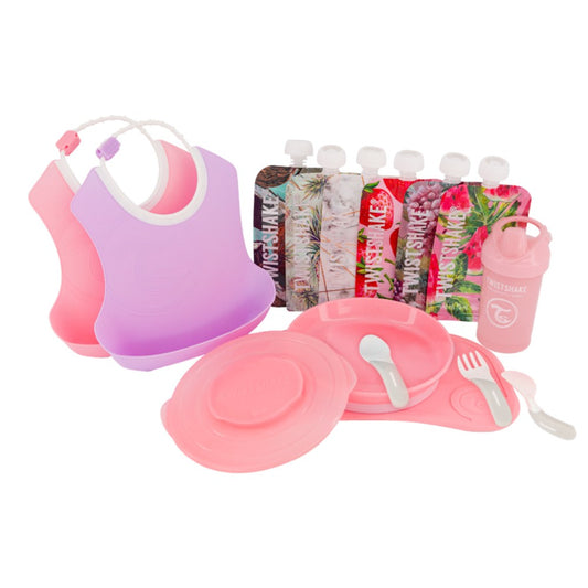 Twistshake, Tableware Bundle For Girls ( Pink/Purple/White) Promo Pack. Click-Mat Mini + Plate, 6 X Squeeze Bags 220 Ml, Crawler Cup 300 Ml, Learn Cutlery, 2 X Bib, 78818.4869188782