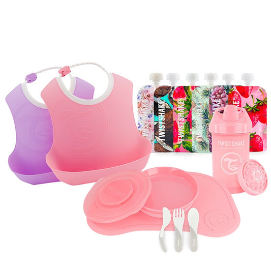 Twistshake, Tableware Bundle for Girls ( Pink/Purple/White) promo pack. Click-Mat Mini + Plate, 6 x squeeze bags 220 mL, Crawler cup 300 mL, Learn Cutlery, 2 x Bib