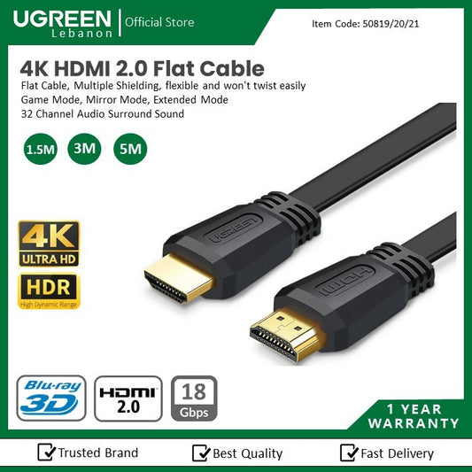 Ugreen, 4K Hdmi 2.0 Flat Cable, Available in Different Sizes