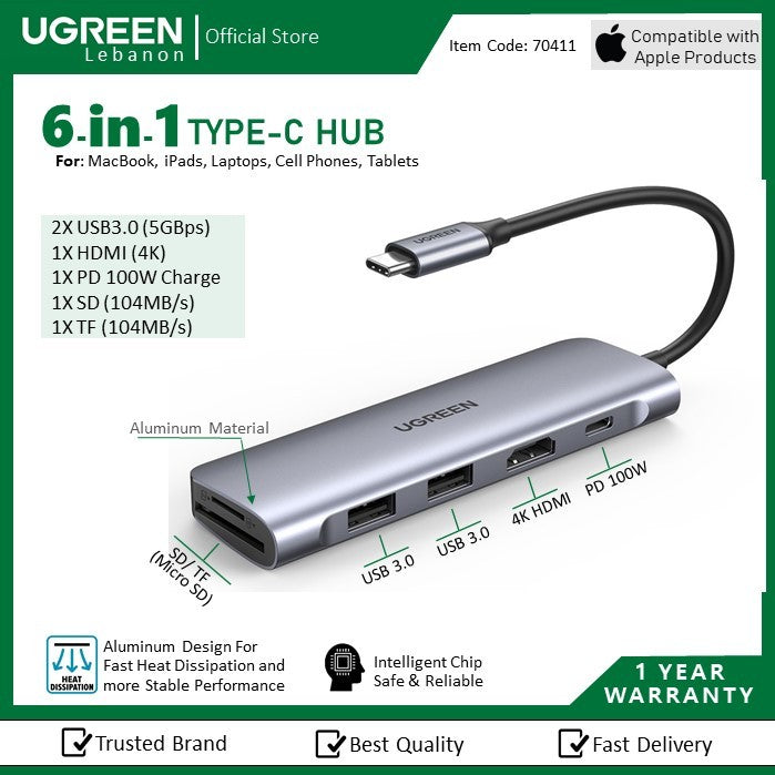 Ugreen, 6-In-1 USB-C Hub Docking Station Adapter (4K Hdmi + 2xUSB3.0 + Sd + Tf + USB C Pd 100W)