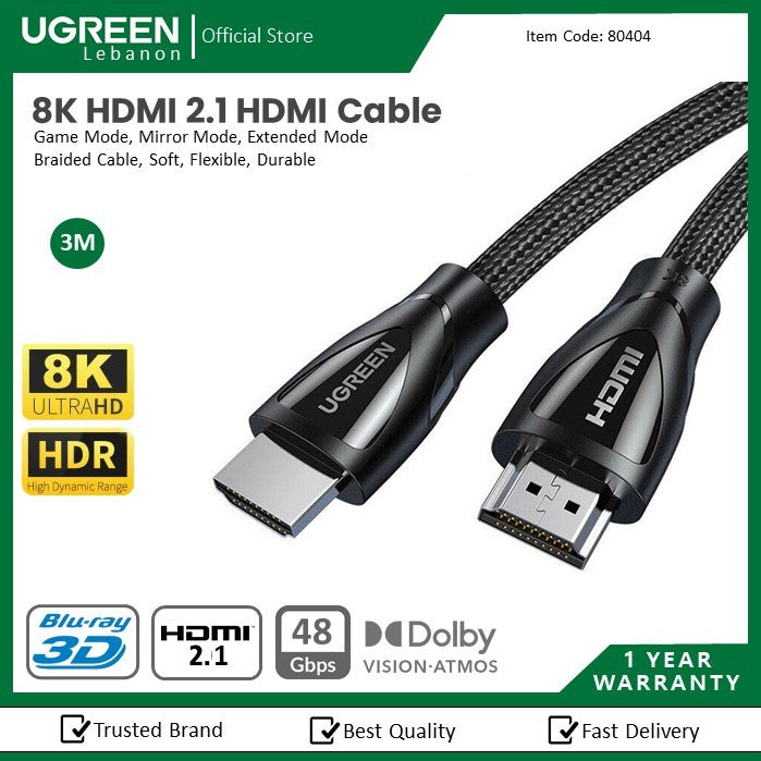 Ugreen, 8K Hdmi 2.1 Cable Braided 3M