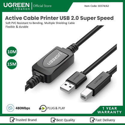 Ugreen, Active Cable Printer USB 2.0 A Super Speed, Available in Different Sizes