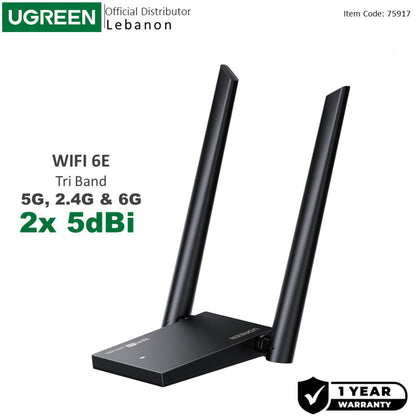 UGREEN AXE5400 USB to WiFi Adapter, WiFi 6E with 2.4GHz/5GHz/6GHz Tri-Band, Dual 5dBi High Gain Antennas - CM787 75917