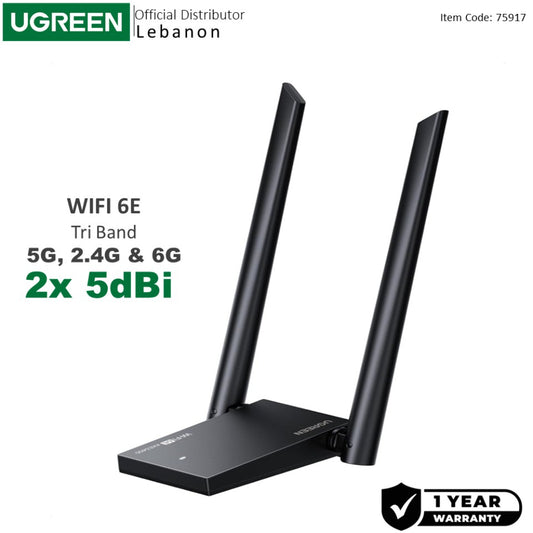 UGREEN AXE5400 USB to WiFi Adapter, WiFi 6E with 2.4GHz/5GHz/6GHz Tri-Band, Dual 5dBi High Gain Antennas - CM787 75917