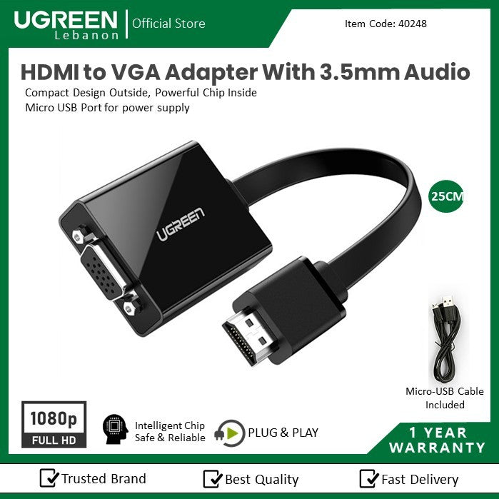 Ugreen, Hdmi To Vga Adapter Cable With 3.5Mm Audio Full Hd 25Cm