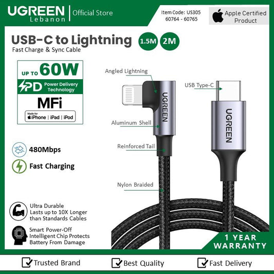 Ugreen, Mfi, Apple Certified Cable Usb-C To Angled Lightning Nylon Braided & Aluminum Body Us305 - 60765