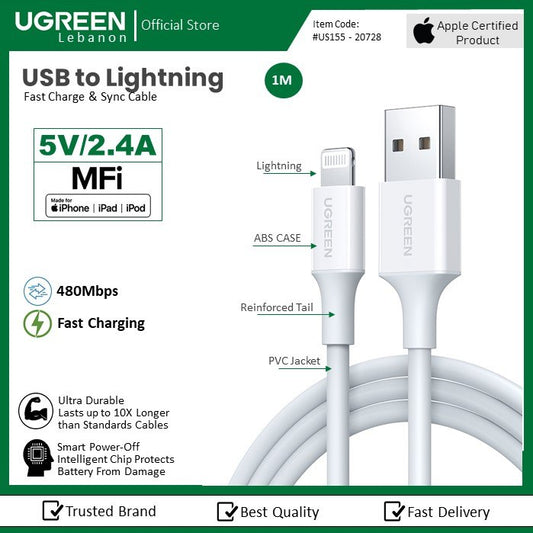 Ugreen, Mfi, Apple Certified Cable USB To Lightning 1M Us155 - 20728