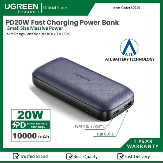Ugreen, Pd20W Fast Charging Power Bank USB-A+USB-C Blue Pb178 - 80749