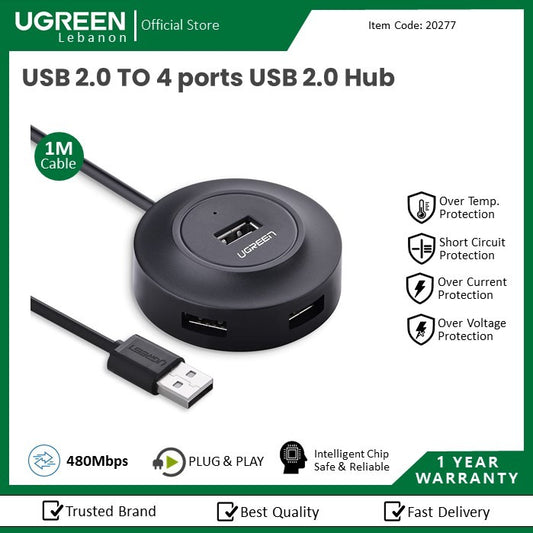 Ugreen, USB 2.0 Hub 4 Ports 1M (Data Transfer Up To 480Mbps)