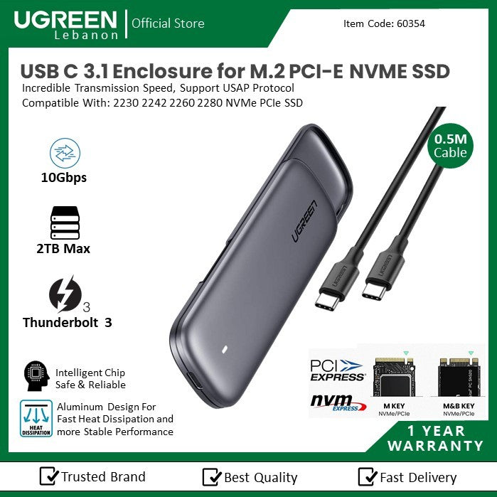 Ugreen, USB C 3.1 Thunderbolt 3 Enclosure For M.2 Pci-E Nvme Ssd