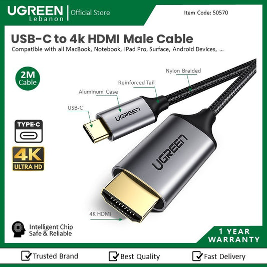 Ugreen, USB-C To 4K Hdmi Male To Male Cable Aluminum 1.5M