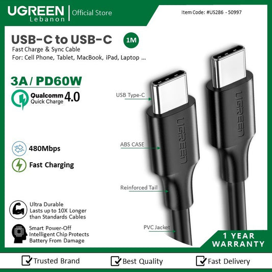 Ugreen, USB-C To USB-C 60W Fast Cable 1M (Black)