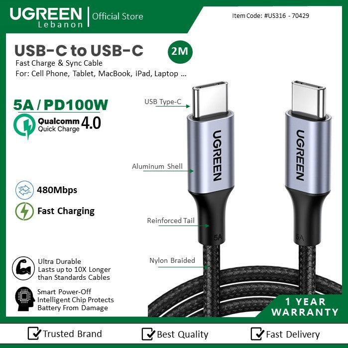 Ugreen, USB-C To USB-C Pd100W Fast Cable Aluminum Braid 2M Black