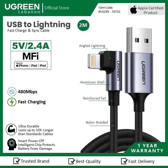 Ugreen, USB To Angled Lightning 5V/2.4A Fast & Mfi Cable Aluminum Braid 2M For Iphone, Ipod And Ipad