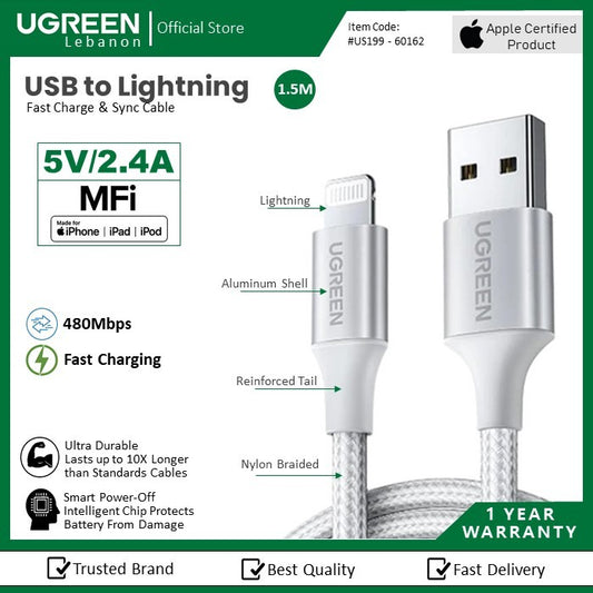 Ugreen, USB To Lightning 5V/2.4A Fast & Mfi Cable Aluminum Braid 1.5M For Iphone, Ipod And Ipad
