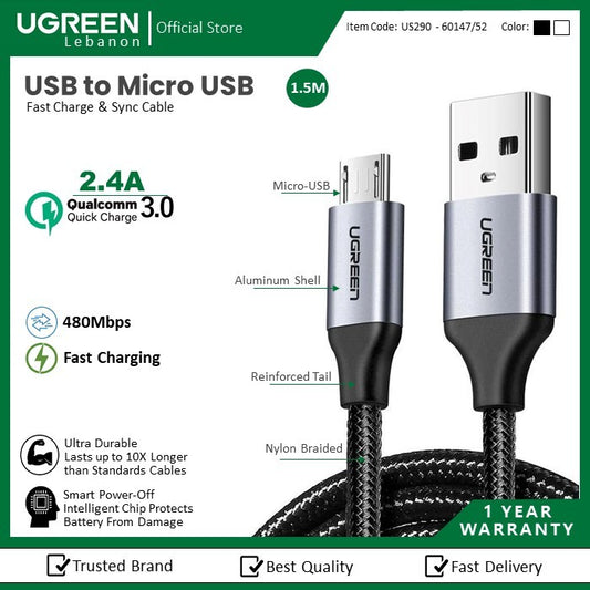Ugreen, USB To Micro USB 2.4A Fast Cable Aluminum Braid 1.5M, Available in Different Colors