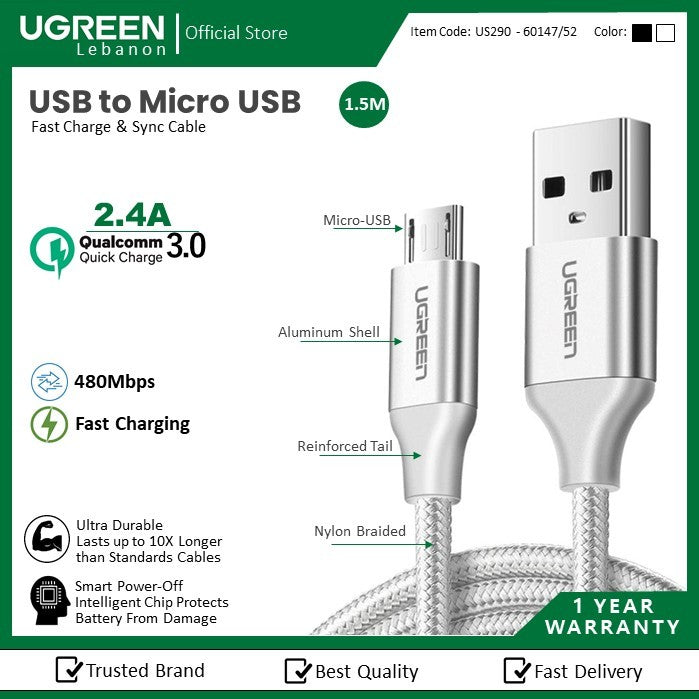 Ugreen, USB To Micro USB 2.4A Fast Cable Aluminum Braid 1.5M, Available in Different Colors