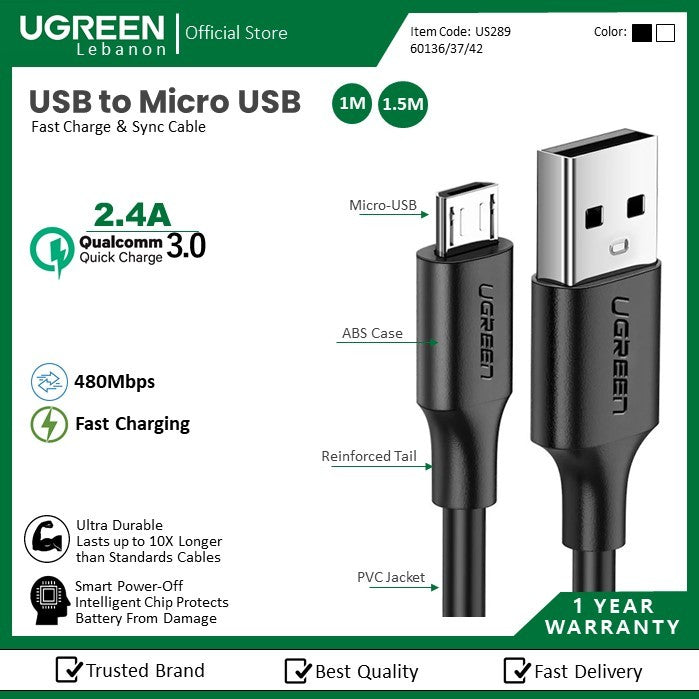 Ugreen, USB To Micro USB 2.4A Fast Charging Cable (Black), Available in Different Sizes