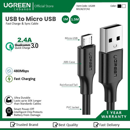 Ugreen, USB To Micro USB 2.4A Fast Charging Cable (Black), Available in Different Sizes