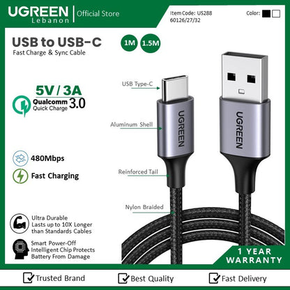 Ugreen, USB To USB-C 5V/3A Fast Cable Aluminum Braid (Black), Available in Different Sizes