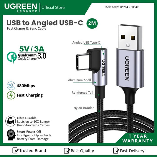Ugreen, USB To USB-C Angled 5V/3A Fast Cable 2M