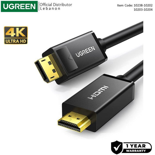 Ugreen, 4K Display Port Male To Hdmi Male Cable - Dp101 10238 10202 10203 10204, Available in Different Sizes