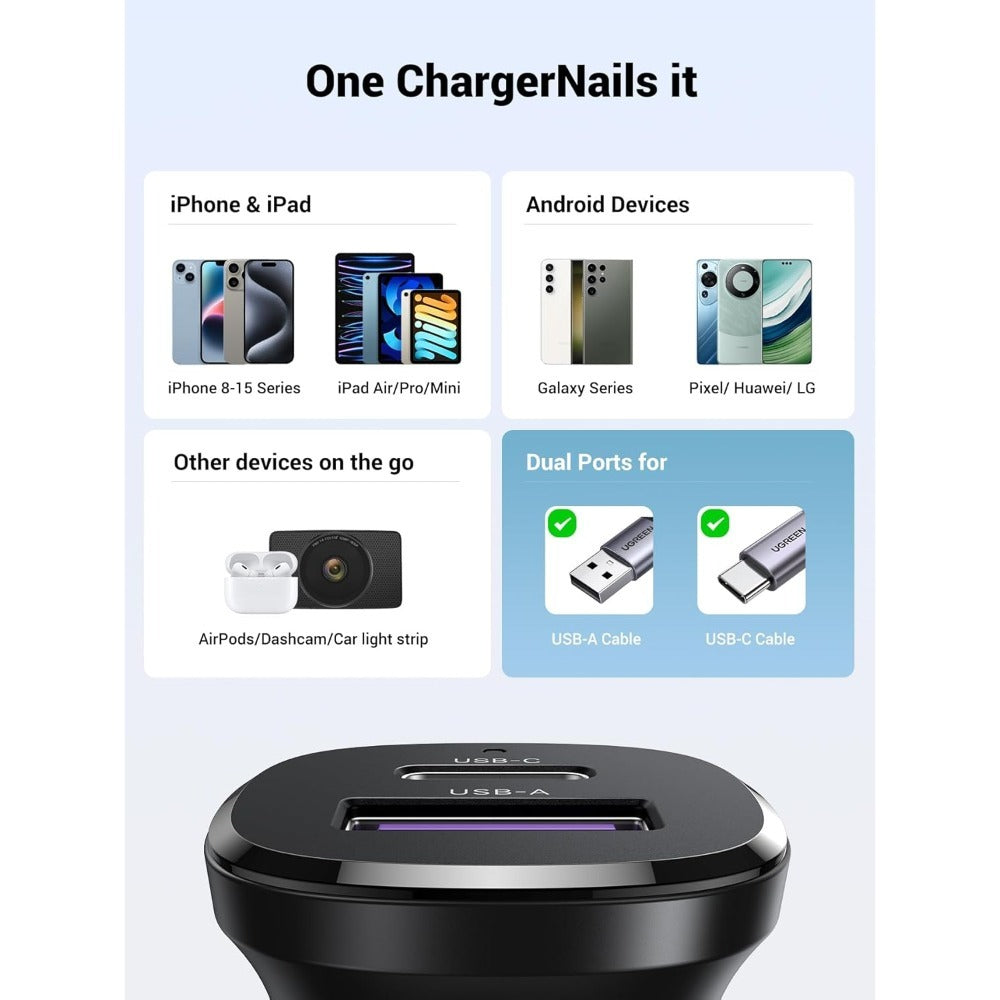 Ugreen, 30W Dual Port Fast Car Charger, For Phones, Tablets & Ipads - Ec305 25845