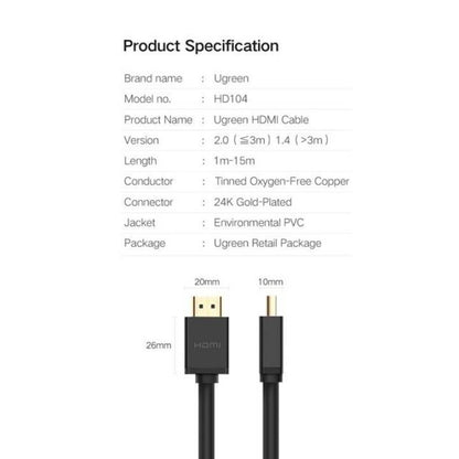 Ugreen, 4K Hdmi Male To Male Cable, Stable & Fast Connection, Available In 0.5M, 5M - Hd104 30115 10109
