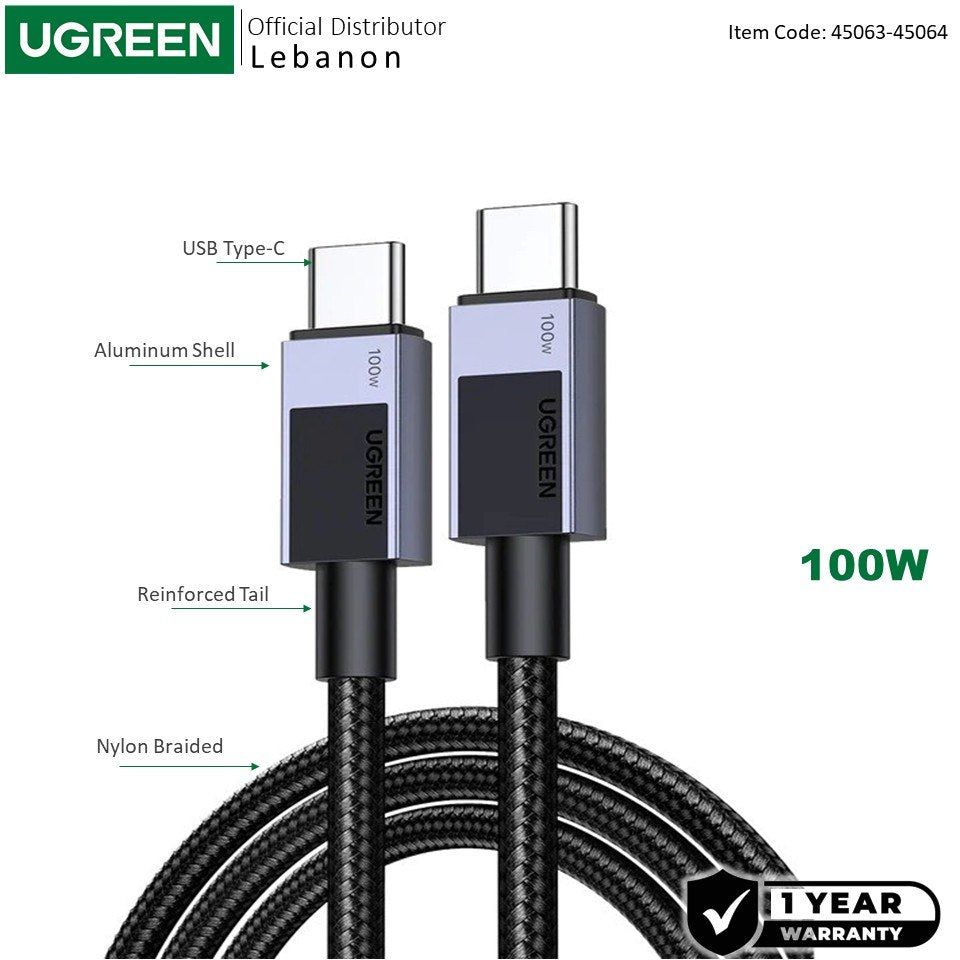 Ugreen, Usb-C To Usb-C 100W Braided Cable & Aluminum Body, Available in Different Sizes