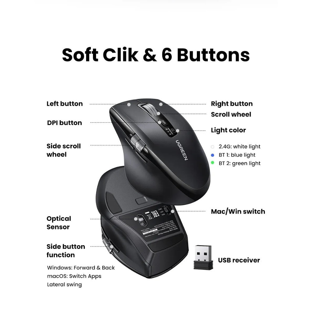 Ugreen, Dual Mode Bluetooth & Wireless Mouse, 5000Dpi, Ergonomic Shape With Side Thumb Wheel, 2Modes For Win & Macos - M751 45792