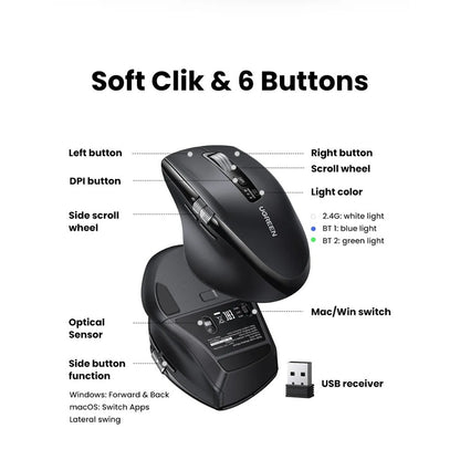 Ugreen, Dual Mode Bluetooth & Wireless Mouse, 5000Dpi, Ergonomic Shape With Side Thumb Wheel, 2Modes For Win & Macos - M751 45792