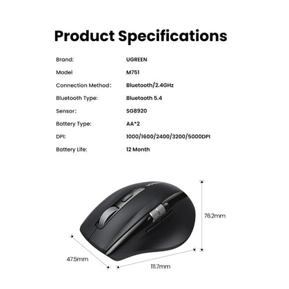 Ugreen, Dual Mode Bluetooth & Wireless Mouse, 5000Dpi, Ergonomic Shape With Side Thumb Wheel, 2Modes For Win & Macos - M751 45792