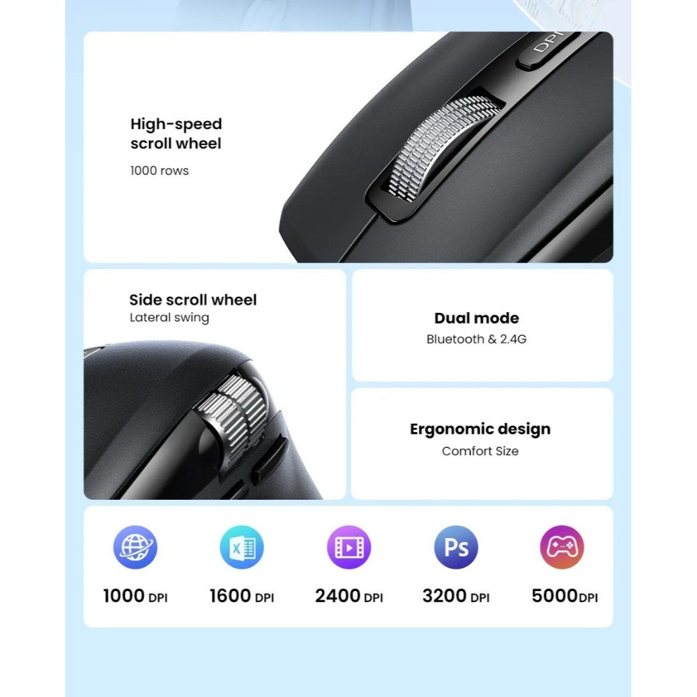 Ugreen, Dual Mode Bluetooth & Wireless Mouse, 5000Dpi, Ergonomic Shape With Side Thumb Wheel, 2Modes For Win & Macos - M751 45792