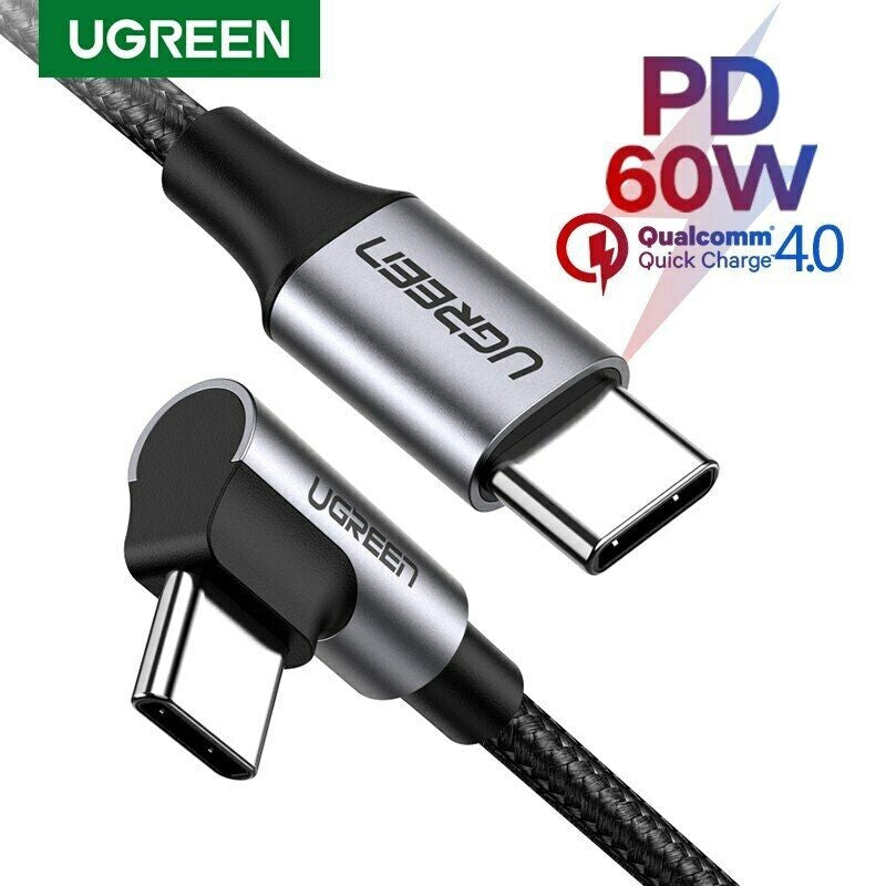 Ugreen, Usb-C To Angled Usb-C Pd60W Braided Cable & Aluminum Body, Fast Charge, 2M, 3M - Us255 50125 80714