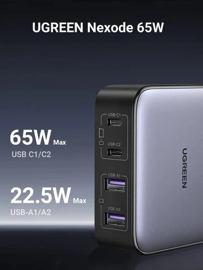 Ugreen, Nexode 65W Ganinfinity Chip, 4 Ports Charger For Phones, Tablets, Ipads, Laptops & Macbooks - Cd327 90747